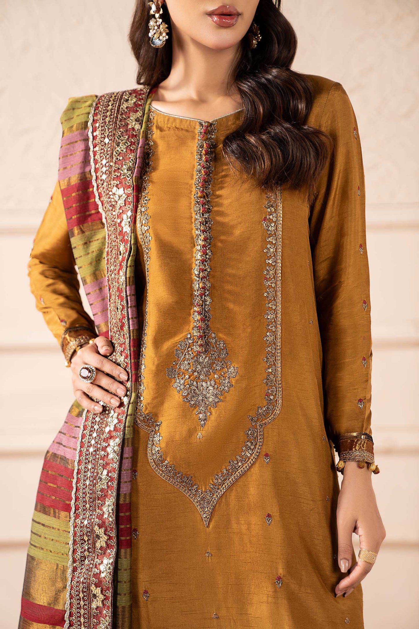 3 Piece Embroidered Raw Silk Suit
