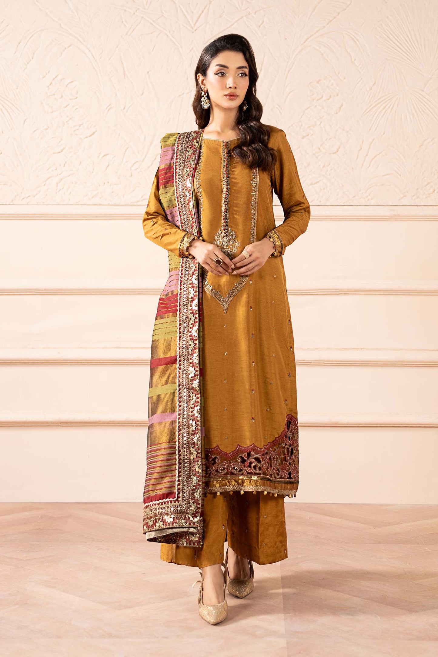 3 Piece Embroidered Raw Silk Suit