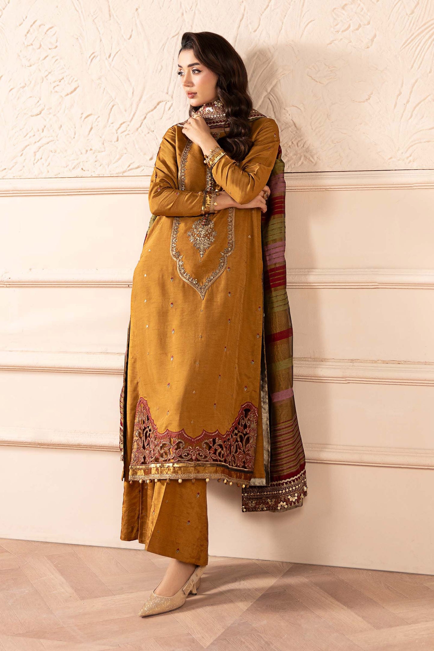 3 Piece Embroidered Raw Silk Suit