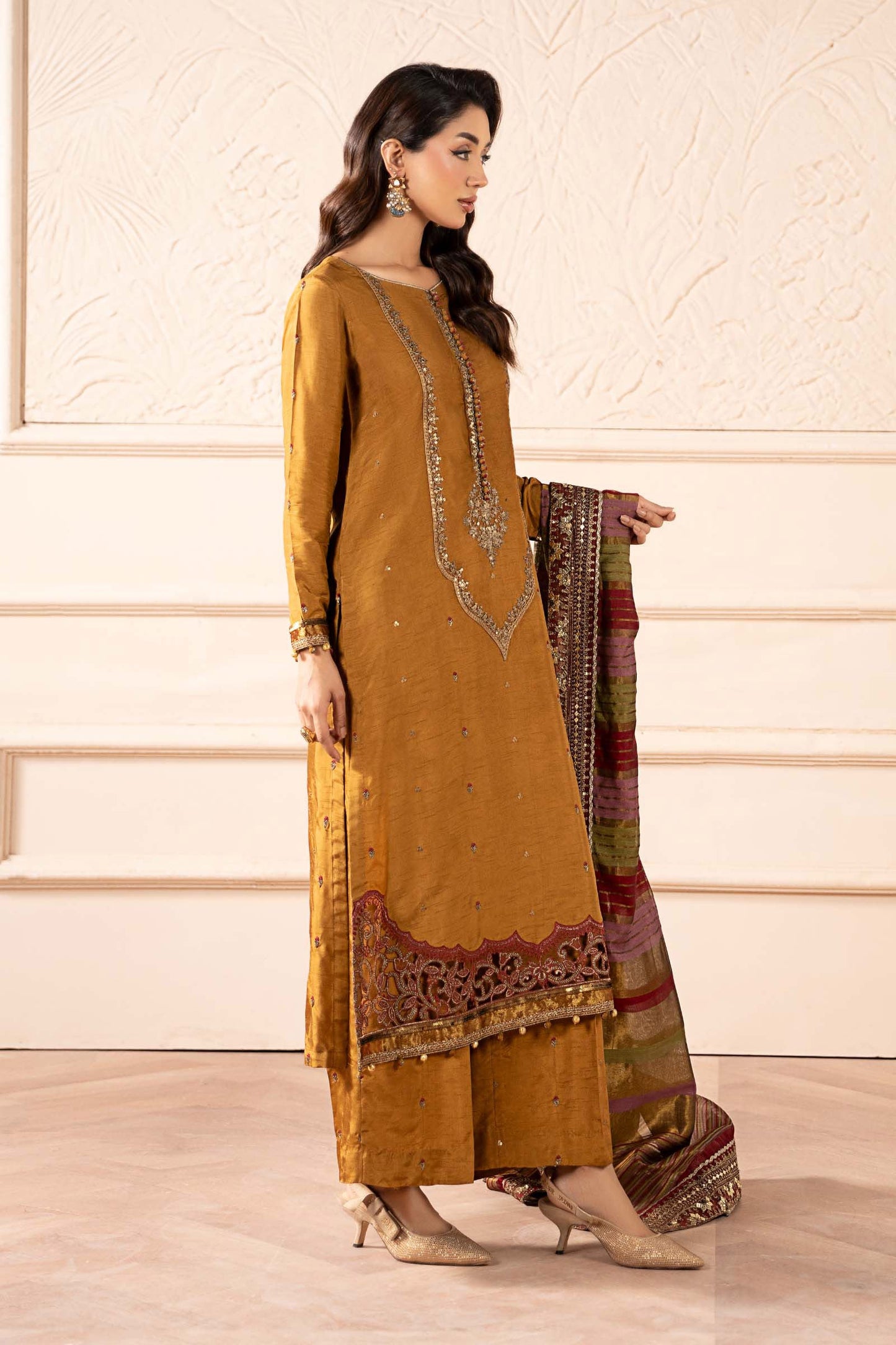 3 Piece Embroidered Raw Silk Suit
