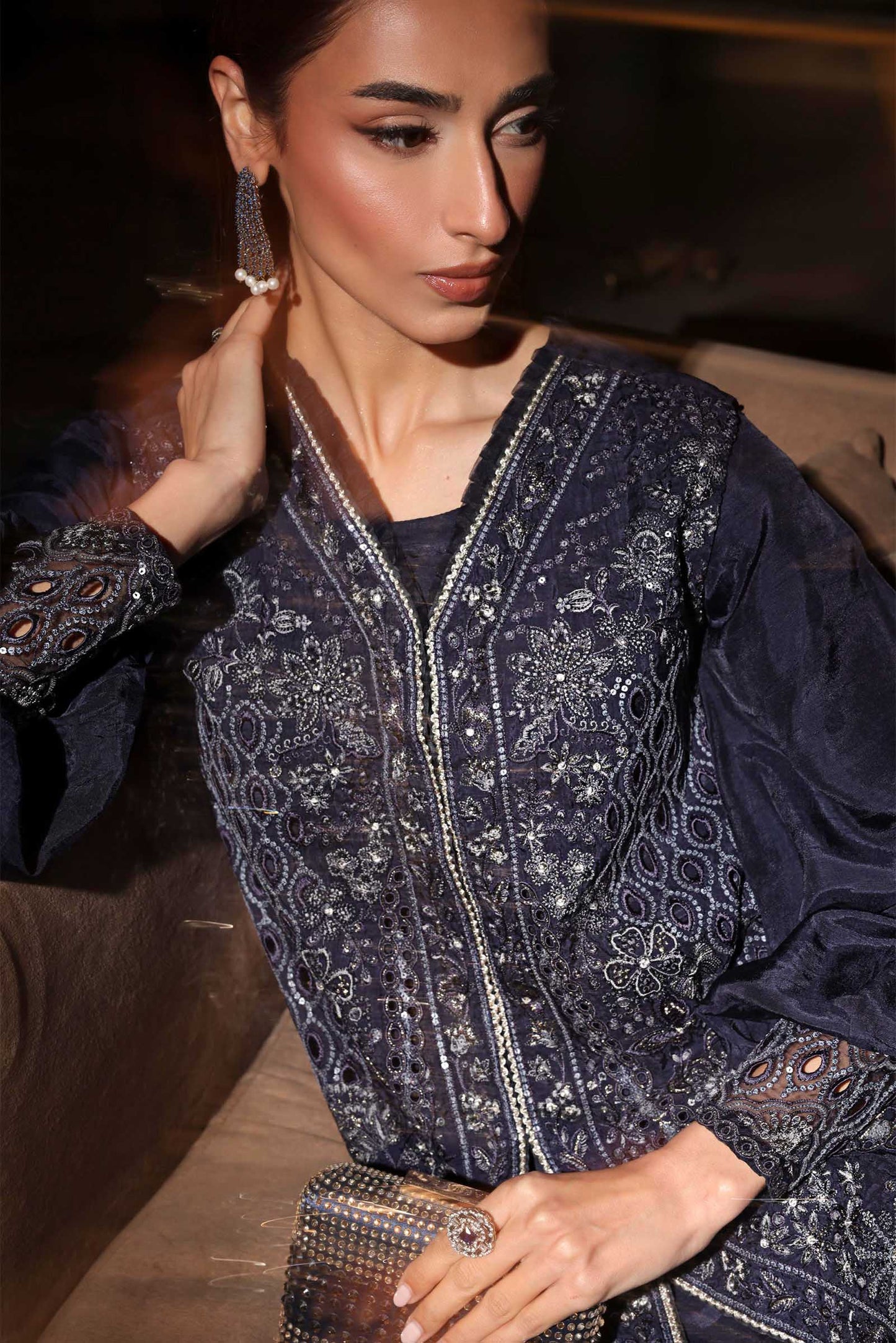 3 Piece Embroidered Raw Silk Suit